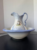 Periwinkle & Cream Vintage Ceramic Pitcher & Basin