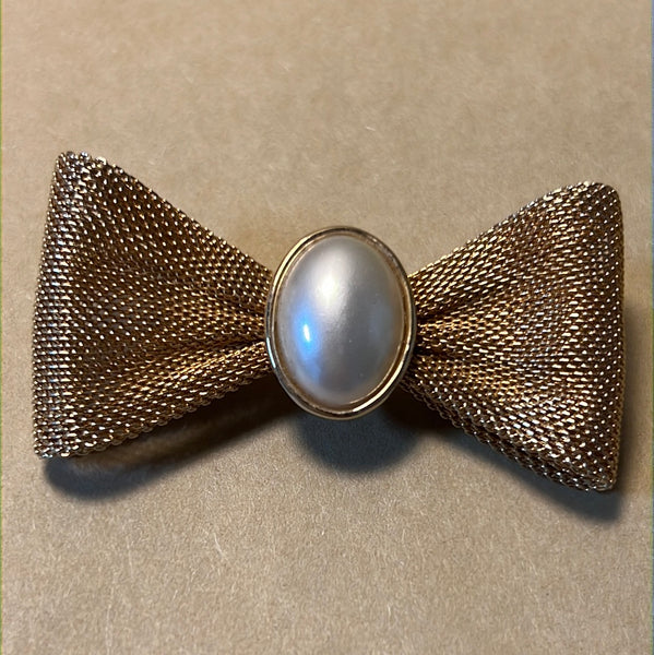 Gold Bow Pin with Faux Pearl