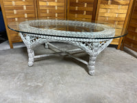 White Wicker & Glass Oval Coffee Table