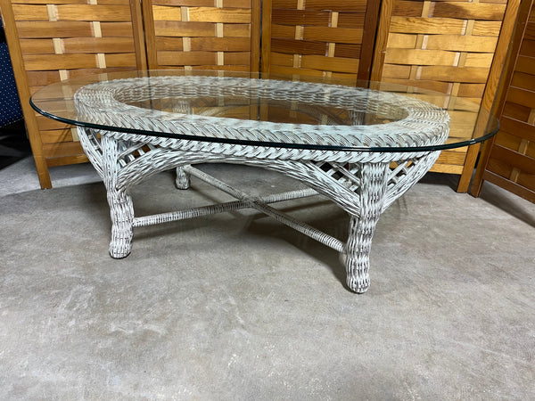 White Wicker & Glass Oval Coffee Table