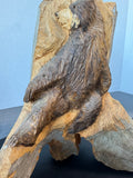 Artist Signed Hand Carved Grizzly Bear on Wooden Stump