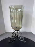 Iridescent Gray Ribbed Hurricane Candle Holder with Metal Scroll Base