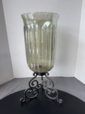 Iridescent Gray Ribbed Hurricane Candle Holder with Metal Scroll Base