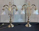 Pair of Victorian Style Brass Tone Dual Arm Vintage Lamps with Frosted Shades (WORKS)