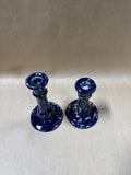 Pair Of Blue Spongeware Pottery Candle Stick Holders