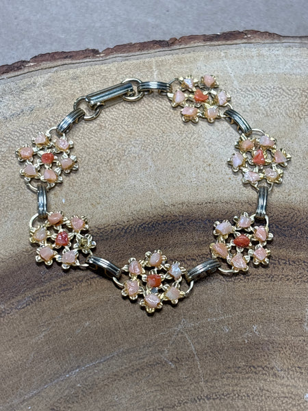 Vintage Gold Tone Bracelet with Coral Chip Flowers (One Missing Chip)