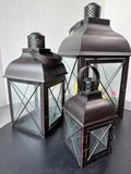 Trio of Distressed Bronzed Metal Lanterns with 3 Flameless Candles (WORKS)