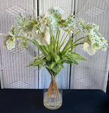 XL Cream & Green Faux Floral Arrangement in Glass Vase
