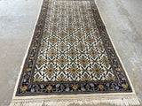 Hand Woven Rug (cream/tan/blue) 6' fringe to fringe x 2'10"
