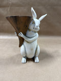 Shabby Chic White Bunny Rabbit Statue with Horn Basket Trinket Holder