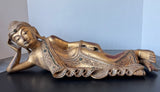 Reclining Burmese Mandalay Style Gilded Vintage Wooden Buddha with Glass Inlay