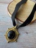 Express Black Ribboned Gold Tone Pendant Choker