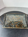 Floral Embossed Glass Top Metal Vanity Tray