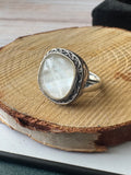 Milky Faceted Stone Filigree Silver Tone Ring SIZE 6.5