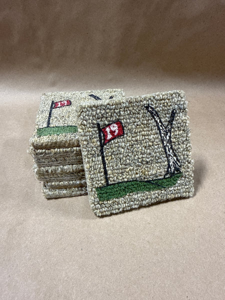 (A) Set Of 8 Handpainted Golfing Coasters On Carpet Samples