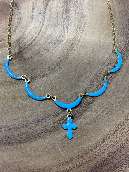 Gold Tone Necklace with Blue Enameled Accents & Cross