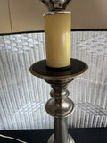 Pair of Baldwin Style Brushed Nickel Large Candlestick Table Lamps with Black Shades (WORKS)