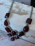 Red Wine Stone Silver Tone Bib Necklace