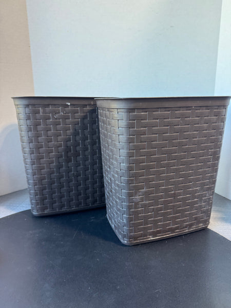 Pair of Sterilite Brown Basketweave Plastic Waste Baskets