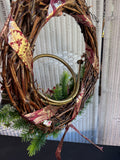 Faux Fir Holiday Grapevine Wreath with Vintage Horn