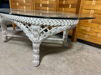 White Wicker & Glass Oval Coffee Table