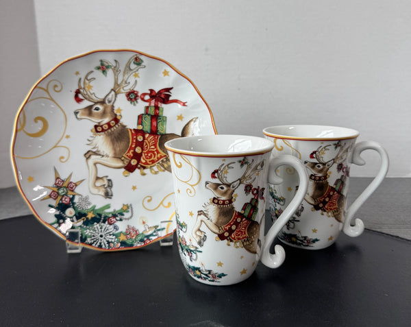 (B) 3-Piece Williams & Sonoma Reindeer Night Before Christmas Coffee Mug & Snack Plate Set