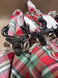 4 Plaid Cloth Napkins With Buck Napkin Rings