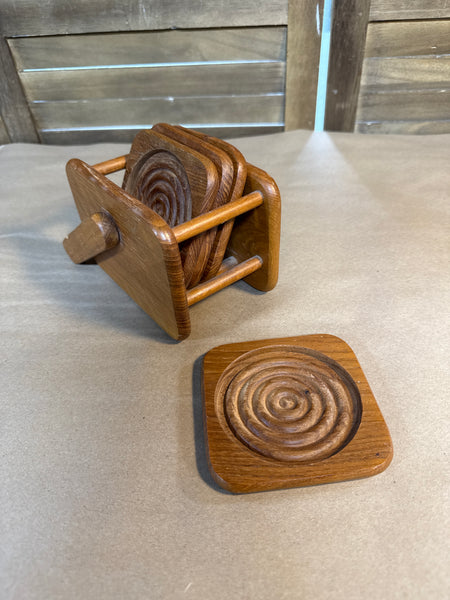 Set Of 4 Wooden Bullseye Coasters With Carrier