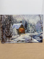 Cabin in Snowy Forest by Creek on Canvas