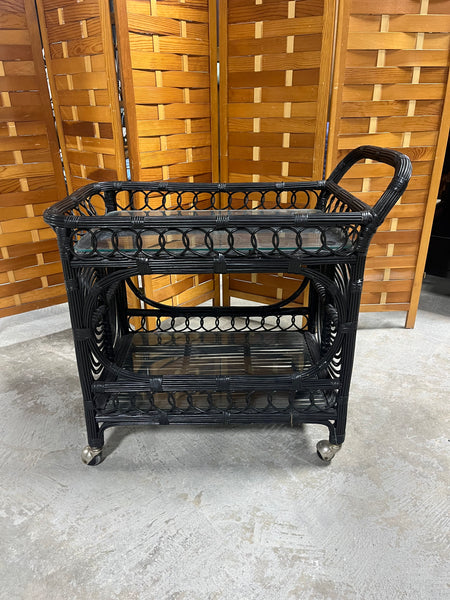 Black Wicker Beverage Cart on Casters with Protective Glass