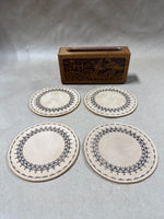 Set Of 4 Round Leather Coasters With Wooden Duck Case