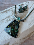 Mixit Vintage Abalone Silver Tone Necklace & Earrings Set with Mint Green Accent Stones