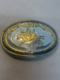 Silver, Gold & Black Rodeo Belt Buckle (German Silver)