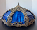 Art Nouveau Edward Miller Antique Brass & Blue Slag Glass Lamp Shade