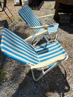 Pair of Blue Striped Folding Low Beach Chairs