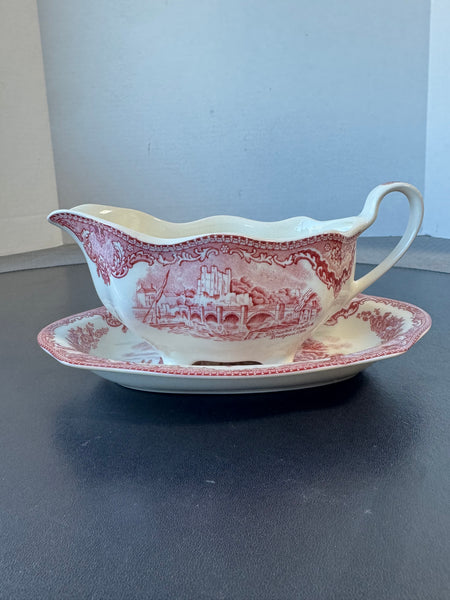 (C) Johnson Bros. Old Britain Castles Pink Gravy Boat with Underplate