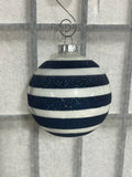 White and Glitter Blue Stripe Glass Ornaments. 7 pc