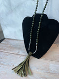 Chicos Faux Purple Pearl & Green Beaded Necklace with Green Velvet Tassel