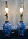 Pair of Asian Inspired Blue Floral Vase 3-Way Lamps (WORKS)