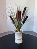 Artificial Cattail Arrangement in Crackled White Ceramic Vase