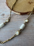 Long White & Gold Tone Vintage Beaded Necklace