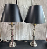 Pair of Baldwin Style Brushed Nickel Large Candlestick Table Lamps with Black Shades (WORKS)
