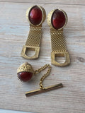 3-Piece Swank Vintage Red Dragon Eye Gold Tone Cufflinks & Tie Pin