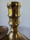 Pair of Large Etched Brass Candlesticks with Drip Pans