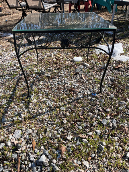 Patio Side Table with Glass Top and Metal Base