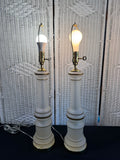 Pair of Warren Kessler Style Vintage MCM White Opaline Milk Glass Column Table Lamps (WORKS)