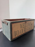 Welcome to Our Garden Primitive Style Wooden Planter or Storage Box with Leather Handles