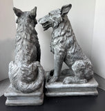 Pair of Plaster Gargoyle Style Wolf Garden Sculptures or Halloween Decor
