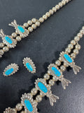 Hand Made Native American Navajo Silver Tone Turquoise Squash Blossom Necklace & Clip Earrings Set