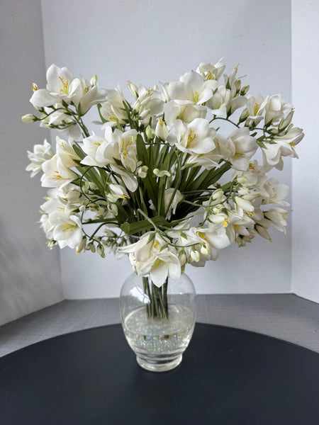 Faux White Freesia in Glass Vase with Marbles